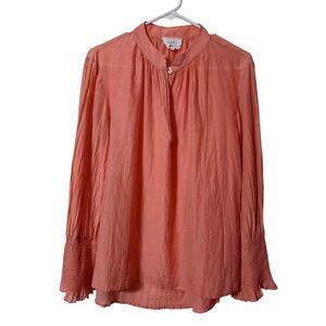 Bird & Knoll Women M Blouse Coral Peach Cotton Silk Smocked Cuff Lightweight